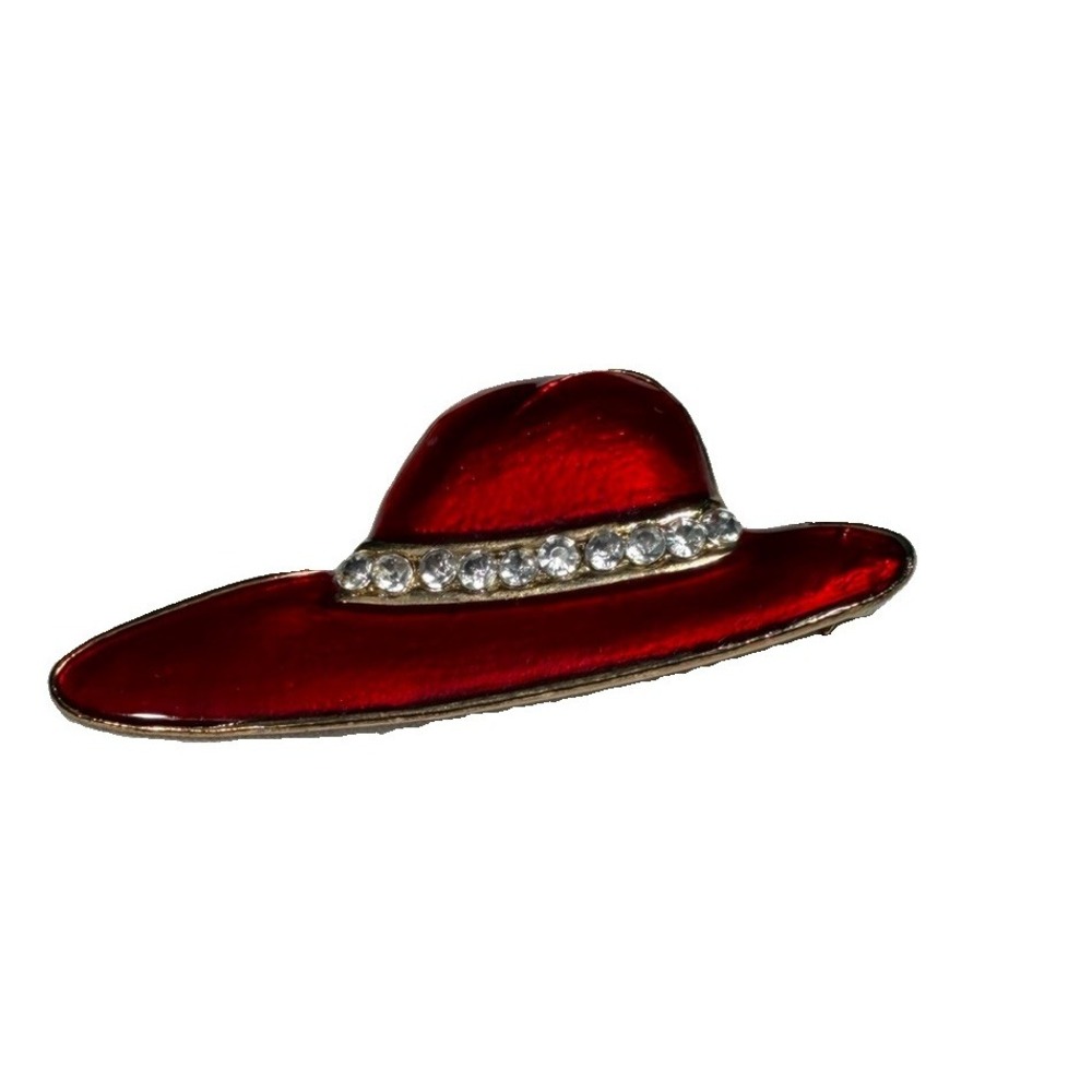 Vintage Red Hat Brooch Rhinestone Enamel Gold Tone Red Hat Society Style Pin